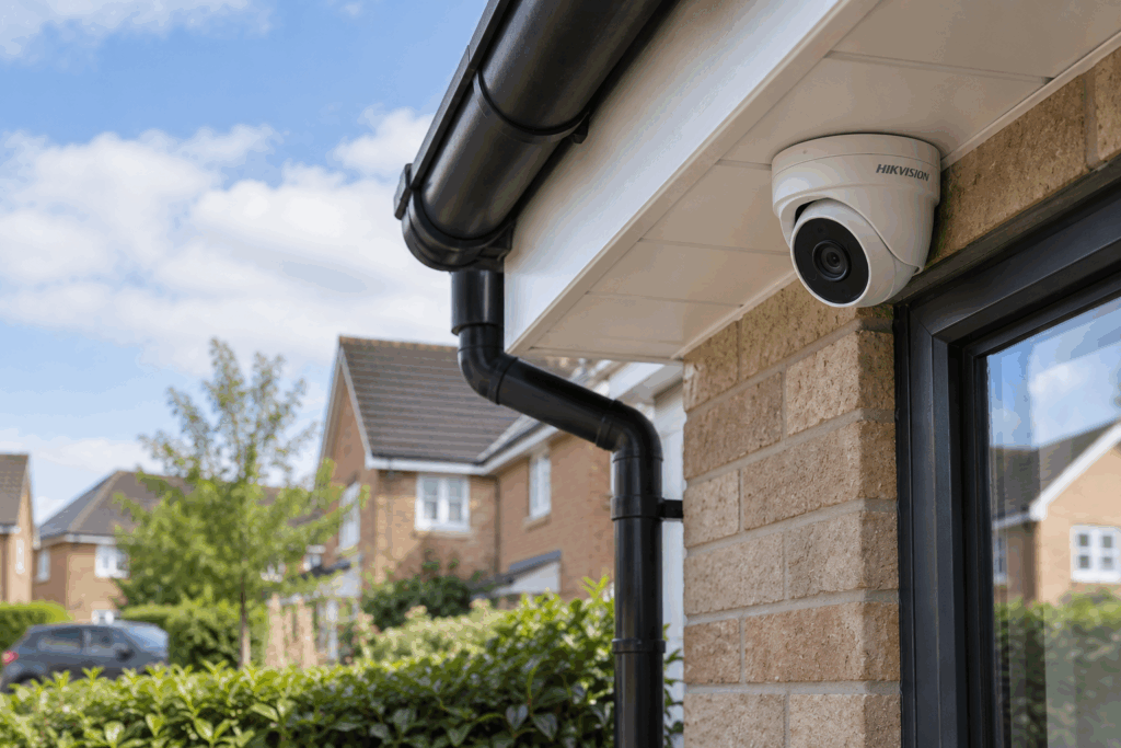 Outdoor CCTV security camera installed on a UK home