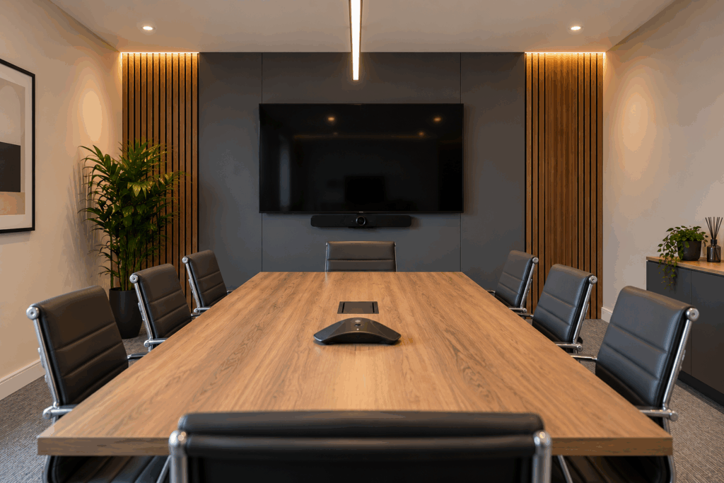 Conference room AV installation with wall-mounted display and video conferencing system