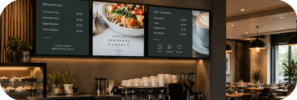 Digital menu boards installed above the counter in a modern restaurant café