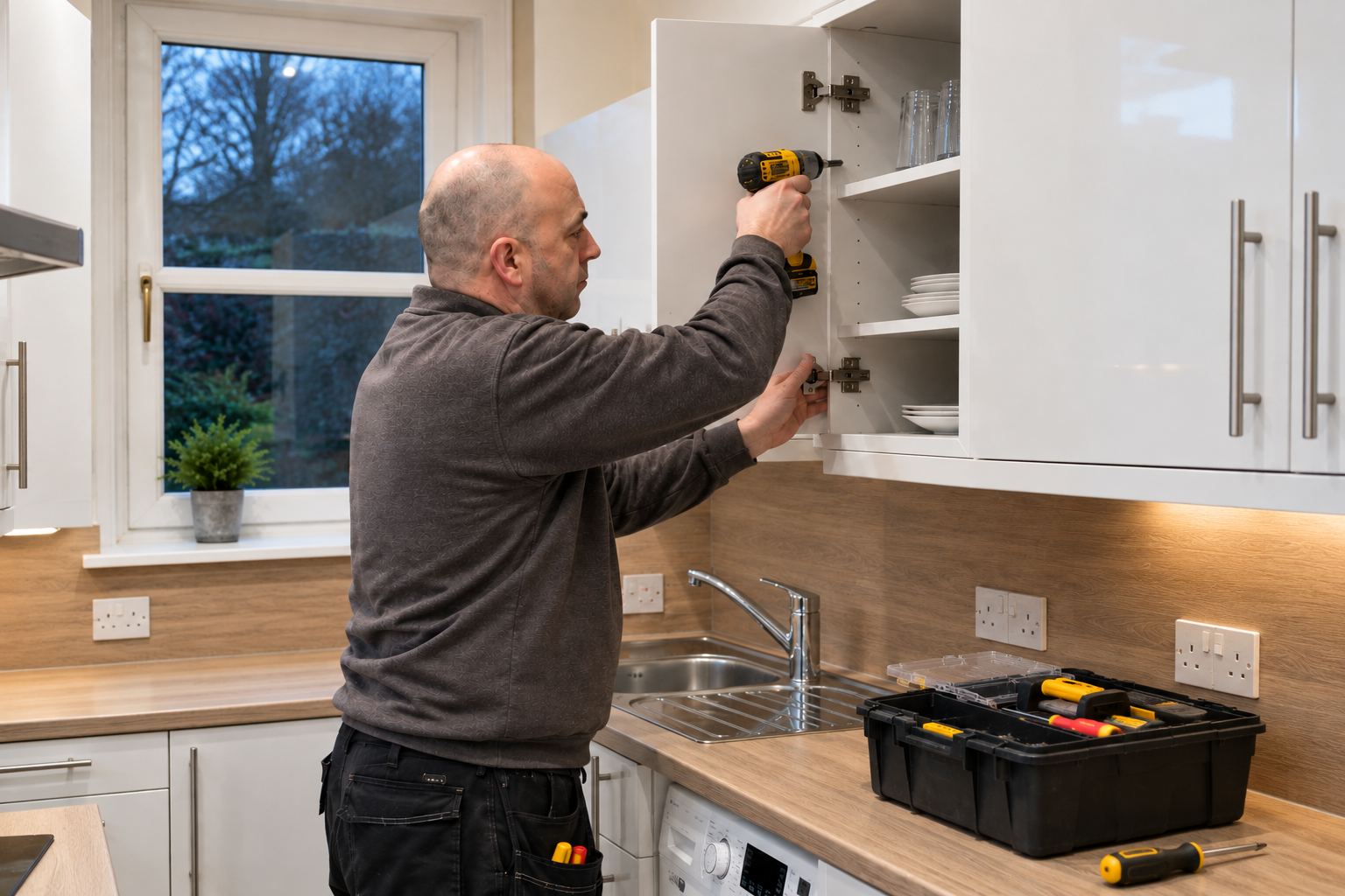 Tradesman carrying out property maintenance on a kitchen cabinet in a modern home