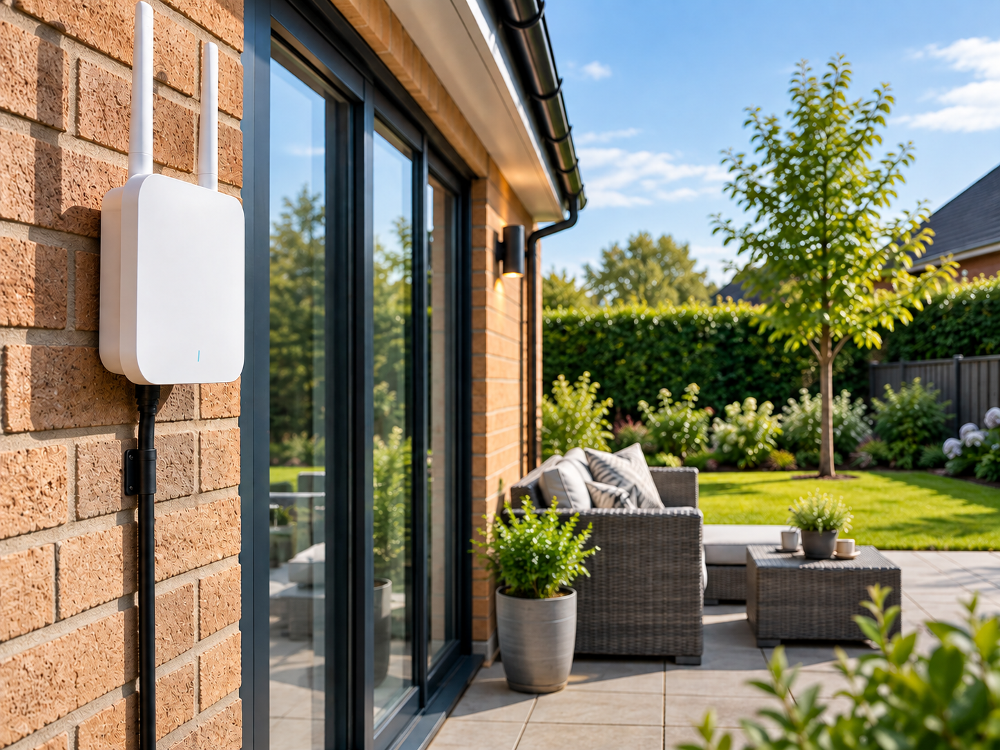 Outdoor WiFi access point installed on a UK home for extended garden coverage