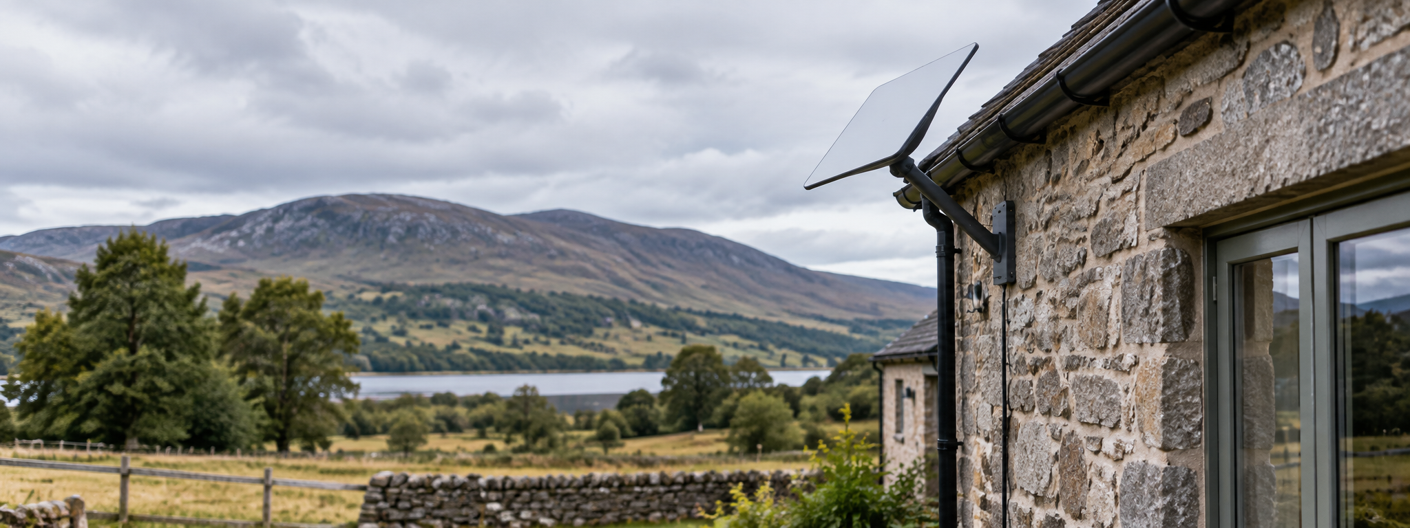 Starlink satellite dish installed on a rural Scottish property