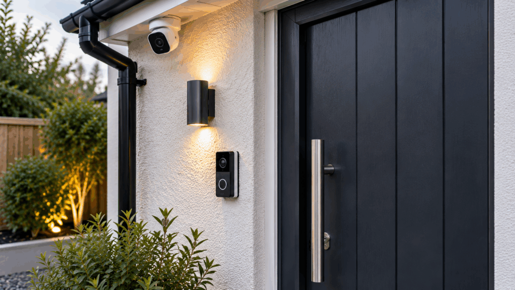 Smart video doorbell and outdoor security camera installed at a modern home entrance