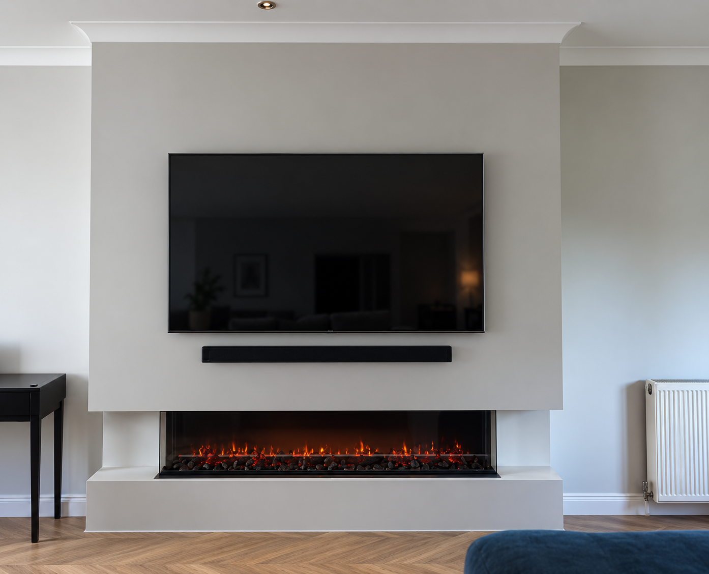 Wall-mounted TV and soundbar above a built-in electric fireplace